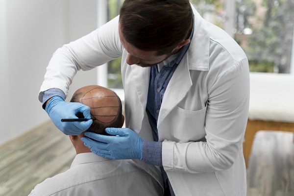 uomo che comincerà la procedura di trapianto di capelli. Disimulare un trapianto di capelli 