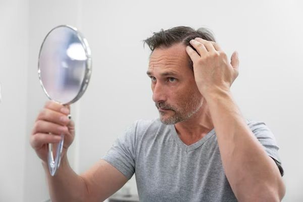 Uomo maturo che si guarda allo specchio con problemi di perdita di capelli