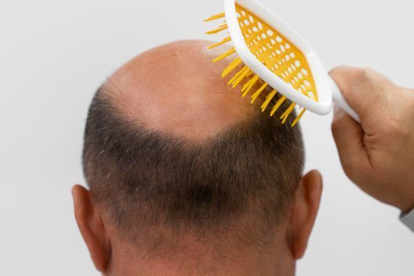 Un uomo calvo si pettina i capelli con una spazzola