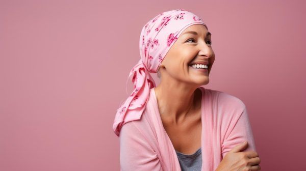 donna durante il processo di chemioterapia protegge il cuoio capelluto con foulard