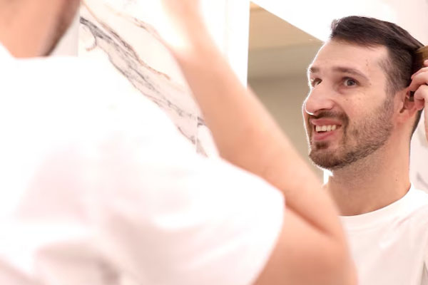 un giovane felice si guarda allo specchio