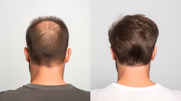 Uomo calvo prima e dopo l'intervento di trapianto di capelli. Uomo che perde i capelli diventa peloso.