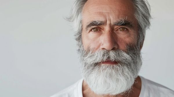 Un uomo con una camicia bianca e capelli grigi.