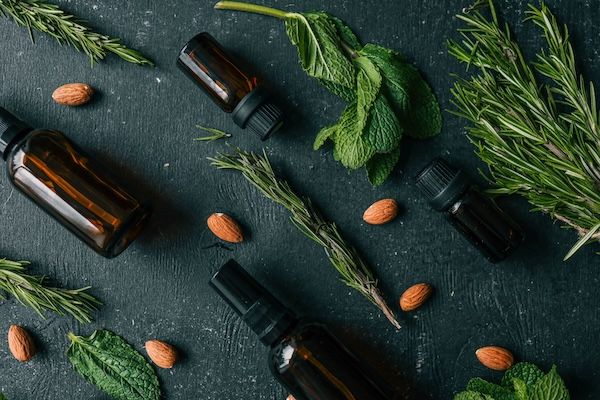 Set di cosmetici per il viso con ingredienti naturali: menta, rosmarino, mandorla