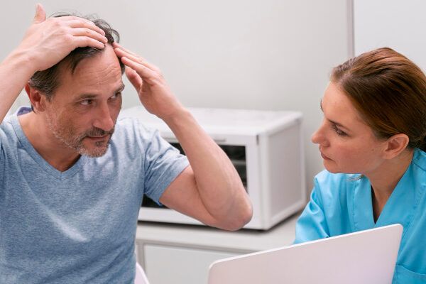 Uomo che chiede mentre parla con il suo medico - Uomo nel suo ufficio che fa domande sulla sua diagnosi.