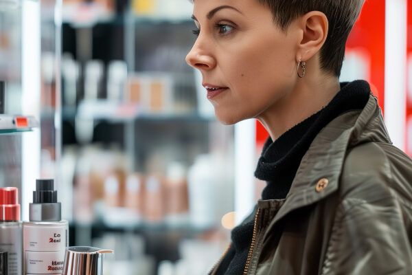 Donna che acquista prodotti di buona qualità per il suo consumo - Densità dei capelli fini.
