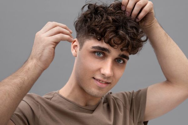Giovane ragazzo dagli occhi chiari che si sistema i capelli ricci in crescita - Fase crescita dei capelli.