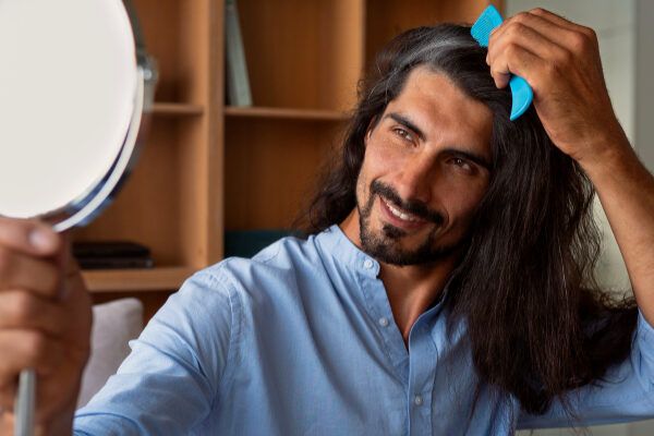 Uomo di mezza età con capelli lunghi e una striscia grigia che si pettina con una spazzola cellulare mentre si guarda riflesso in uno specchio - Cos'è l'ipertricosi.