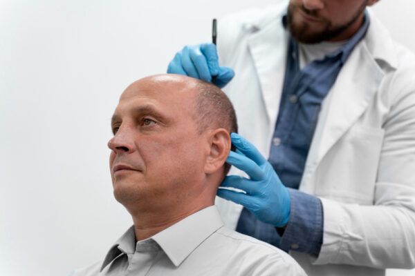 Uomo calvo che riceve misurazioni sul cuoio capelluto per un trapianto di capelli.