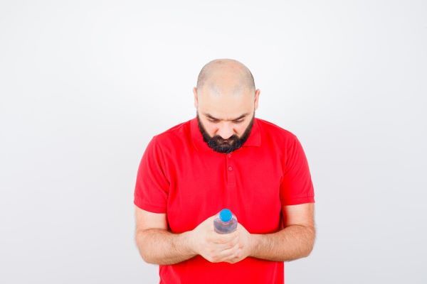 Il giovane in camicia rossa guarda una bottiglia con dubbi