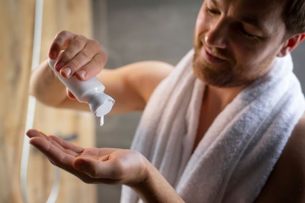 Un uomo si lava i capelli sotto la doccia