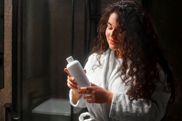 Ragazza con capelli ricci che tiene una bottiglia di shampoo