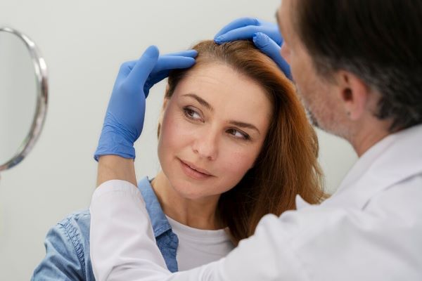 Medico che controlla i capelli di un paziente