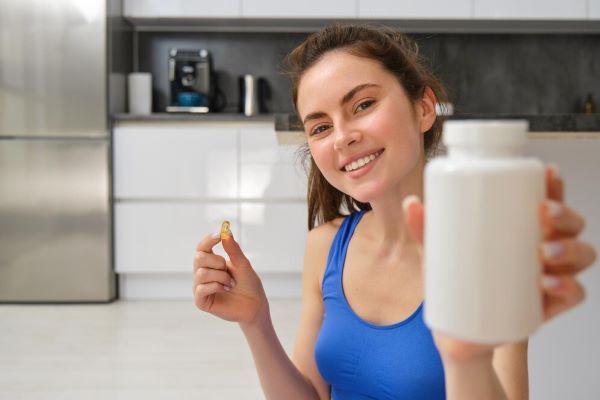 Ragazza sorridente mentre si tiene una bottiglia di pillole. Gli integratori possono essere molto utili contro la caduta dei capelli.