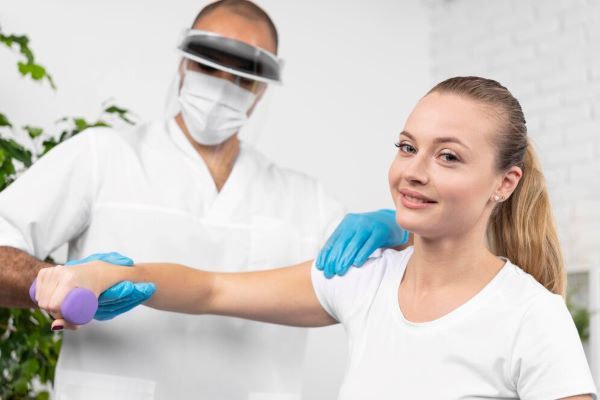 Medico che controlla il braccio di un paziente. È importante controllare sia la dermatomiosite che l'alopecia.