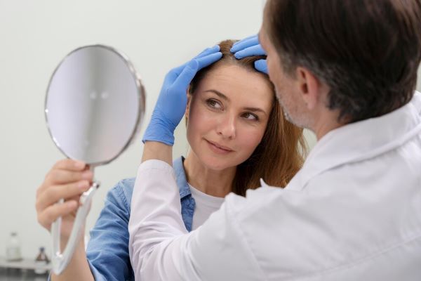 I capelli di una donna vengono controllati dal medico. È possibile controllare cose come la produzione di melanina e la caduta dei capelli.