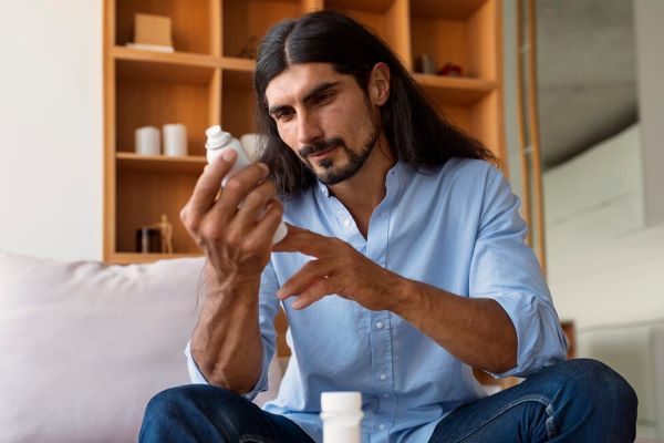 Uomo che controlla i contenitori di spray e pillole