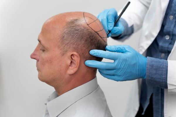 Signore in cura in sala operatoria per un trapianto di capelli.