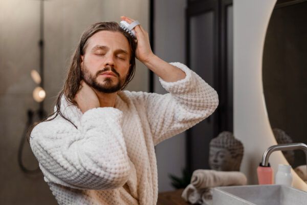 Ragazzo con barba e capelli lunghi che si massaggia il cuoio capelluto - Salute capillare.