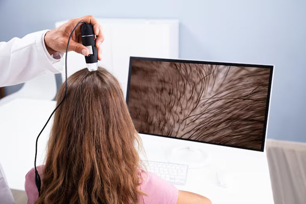 Donna che guarda un'ispezione del cuoio capelluto sullo schermo