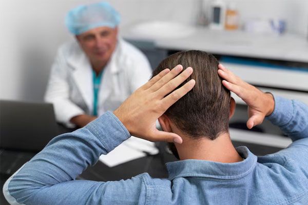 uomo girato di spalle che si tiene la testa mentre parla con un medico