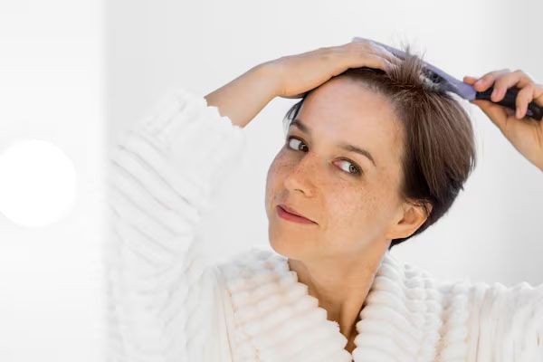 vista frontale di una donna sorridente che si spazzola i capelli
