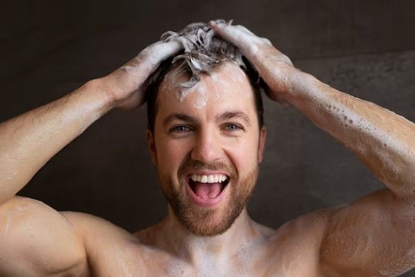primo piano di un uomo felice che si lava i capelli