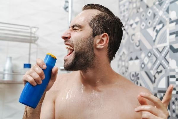 uomo che canta sotto la doccia