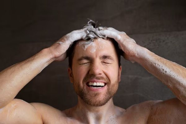 uomo che si lava i capelli con gli occhi chiusi