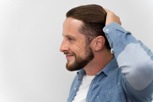 Hombre sonriente de perfil acariciándose el pelo
