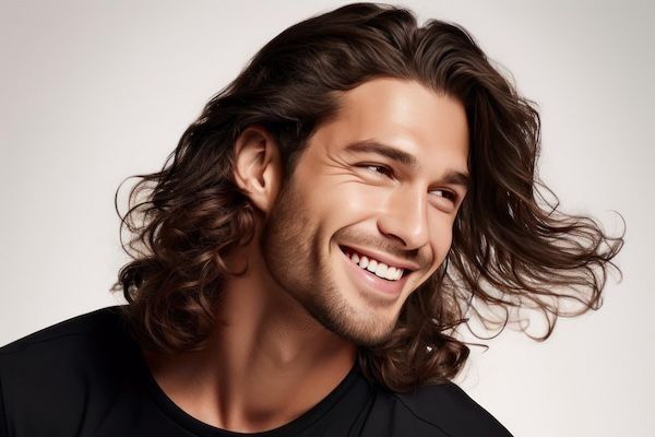 Un uomo con lunghi capelli ricci che sorride mentre sorride