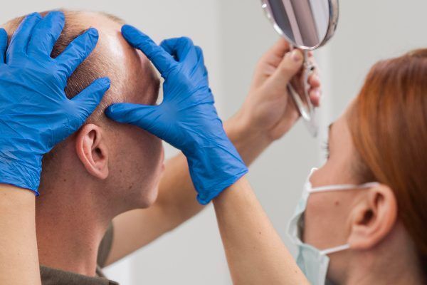 Uomo calvo che si guarda allo specchio mentre un medico gli controlla il cuoio capelluto