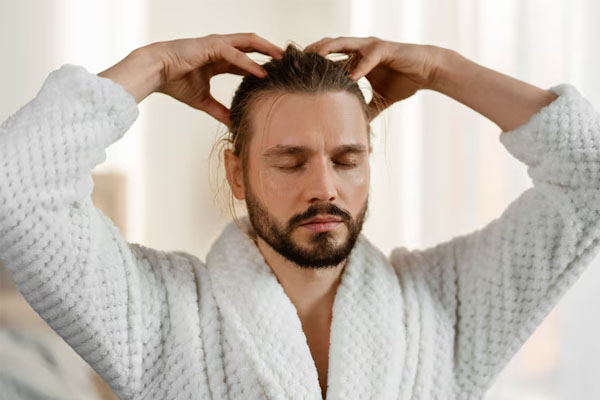 uomo che si fa un massaggio al cuoio capelluto