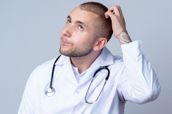 giovane medico maschio in vestaglia e stetoscopio