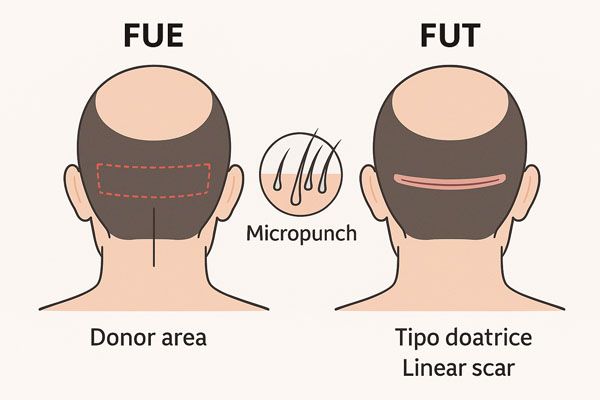 Infografica comparativa trapianto capelli in Italia con tecniche FUE e FUT, mostrando cicatrici, tempi di recupero e numero di innesti per seduta.”