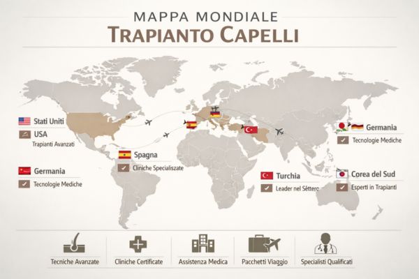 Mappa mondiale elegante che evidenzia Turchia, Spagna, Germania, Corea del Sud e Stati Uniti come principali destinazioni per il trapianto di capelli. Design professionale, infografica moderna, stile medico e turistico, colori neutri, aspetto informativo