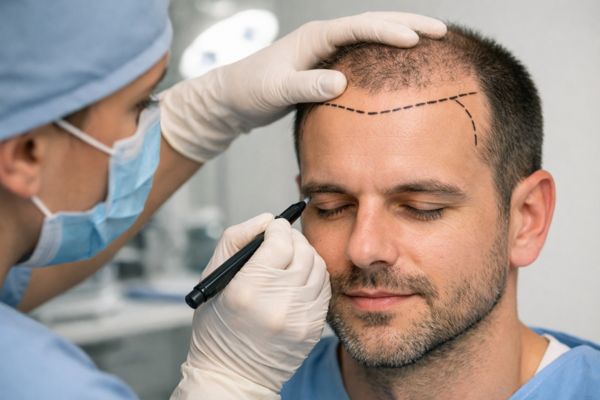 Specialista che pianifica la linea frontale dei capelli prima di un intervento di trapianto capillare.