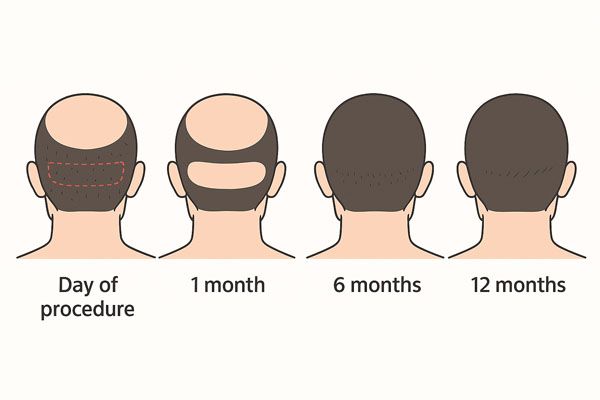 Evoluzione visiva dei risultati del trapianto capelli in Italia, dal post-operatorio fino a 12 mesi con ricrescita graduale e risultati definitivi.”