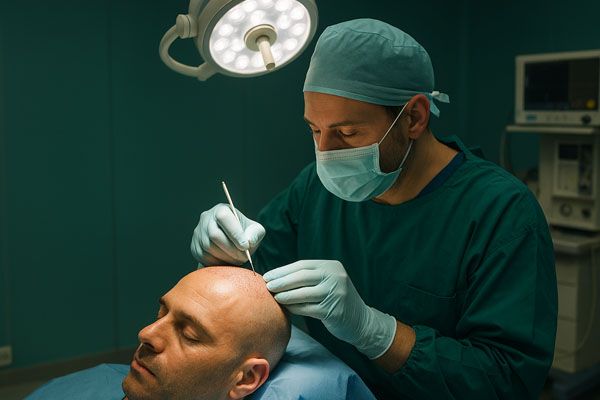 Medico che esegue un trapianto di capelli in clinica italiana