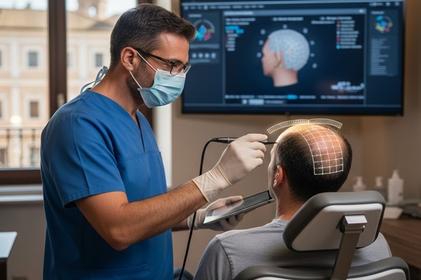 Specialista in trapianto capelli Roma mentre effettua il design della linea frontale.