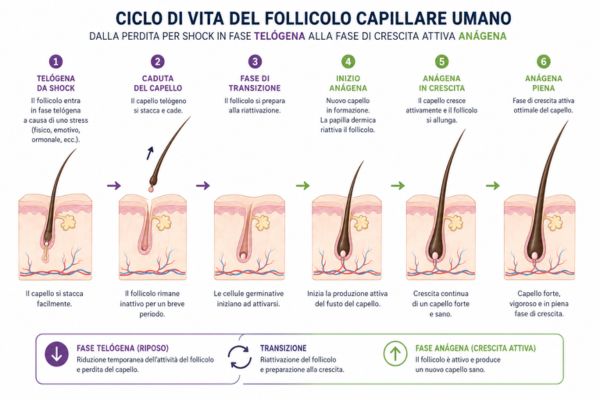 Schema medico che illustra il passaggio del capello dalla fase di caduta temporanea alla ricrescita.
