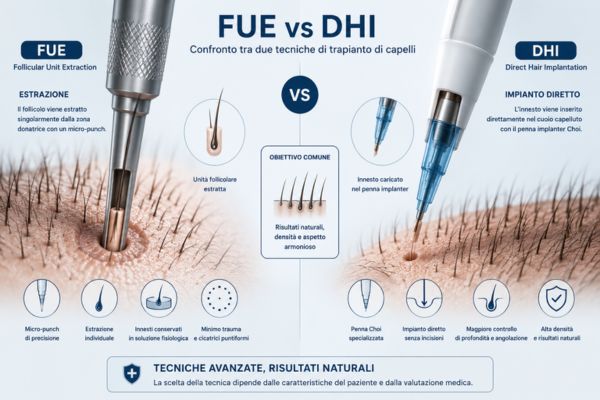 Illustrazione medica che mostra la differenza di estrazione e innesto tra tecnica FUE e metodo DHI.