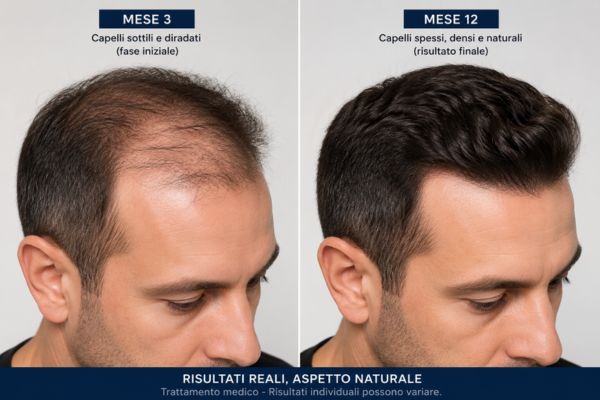 Confronto fotografico dei risultati di ricrescita tra il terzo mese e il primo anno.