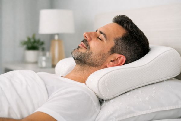 Uomo che dorme in posizione supina con la testa sollevata per ridurre l'edema post-operatorio