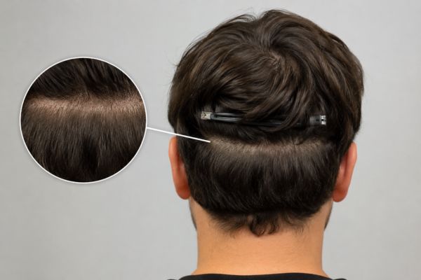 Esempio di rasatura parziale nascosta dai capelli durante un trapianto senza rasatura