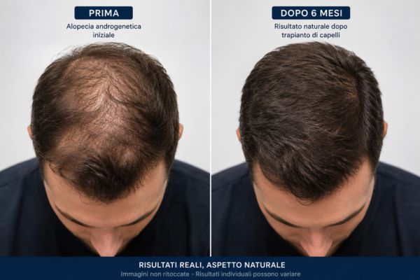 Risultato visivo della ricrescita e densità dei capelli prima e dopo un trapianto di capelli