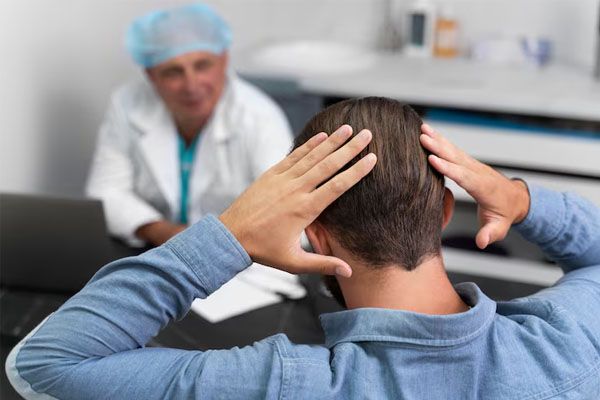 Uomo di spalle, mani sulla testa, che consulta un medico
