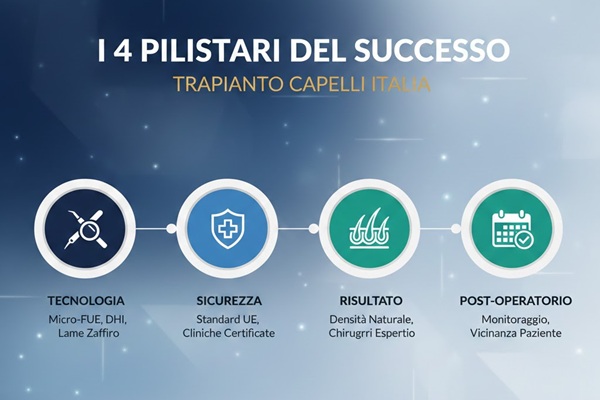 Infografica sui 4 pilastri del successo del trapianto capelli Italia: tecnologia, sicurezza UE, risultati naturali e monitoraggio post-operatorio.