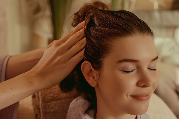 Sorridente e bella giovane donna in una spa che riceve massaggi sul cuoio capelluto.