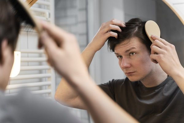 Un giovane si pettina i capelli davanti allo specchio.